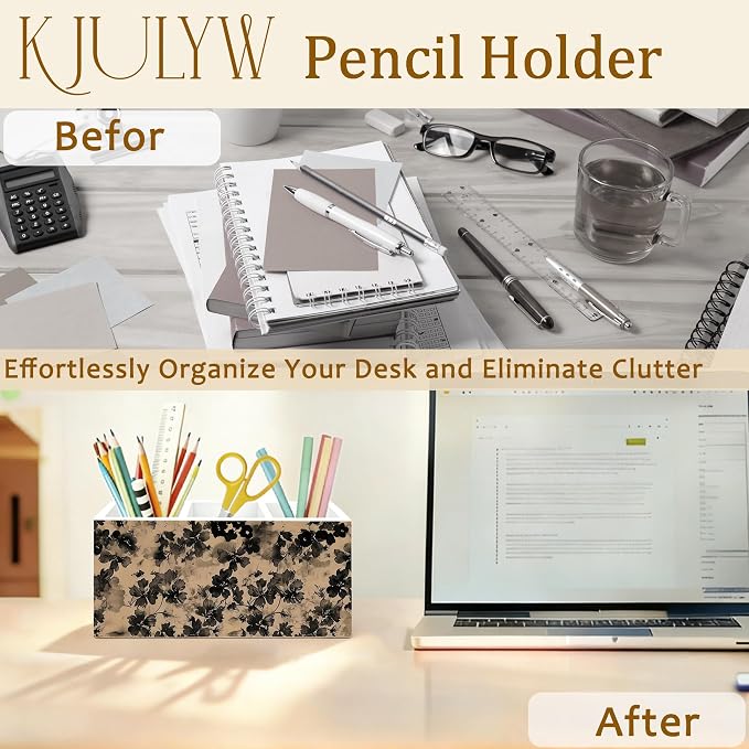 Vintage Black Floral Pen Holder for Desk, Retro Neutral Botanical Ink Flower Wooden Box Pencil Pen Holder Organizer for Home Office Desk Accessories