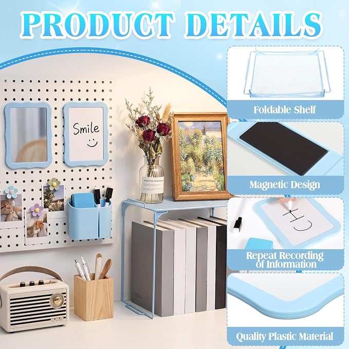 Colarr 16 Pcs Blue Locker Accessories for Girls Includes Magnetic Whiteboard & Mirror Locker Shelf Pen Holder 2 Dry Erase Marker & Eraser 9 Flowers for Back to School Essentials Decoration