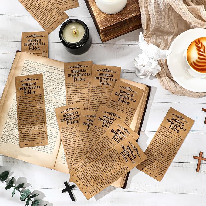 Motiskyy 100 Pcs Spanish Bible Emergency Numbers Bookmark Christian Church Gift 6 x 2.36 Inches Religious Bookmarks for Daily Encouragement Church Favor Welcome Sunday School Teacher(Brown)