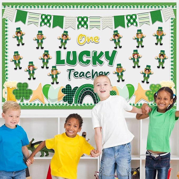 St. Patrick's Day Bulletin Board Classroom Decorations One Lucky Teacher Bulletin Board Set Gnome Shamrock DIY Photo Cutouts for School Nursery Class Door Wall Crafts Decor St. Patrick Party Supplies