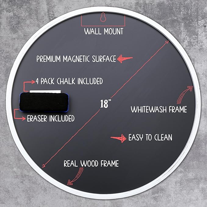 Better Office Products Round Magnetic Chalkboard with Wooden Frame for Office and Home, 18x18 inches with Mounting Hardware, 4-Piece Chalk Set, and Eraser Included (Whitewash)