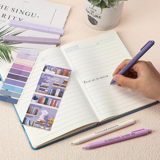 Spakon 7 Pcs Book Lovers Gifts for Readers Bookish Book Annotation Kit Aesthetic Pastel Highlighters No Bleed Gel Pens Reading Tabs Bookmark for Women Library Student Bible(Purple Series)