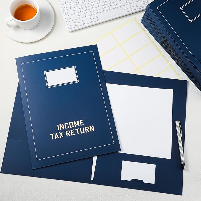 Kisston 25 Pcs Tax Return Folders Bulk 2 Pocket Gold Foil Stamped Income Tax Folders with Labels Business File Office Blank Organizer (Blue)