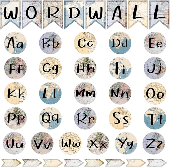 Word Wall Bulletin Board Set Alphabet Letter for Classroom ABC Poster Chart Sight Words Travel the World Map Border for First Grade Pre School Kindergarten Elementary Classroom Wall Decor Supplies
