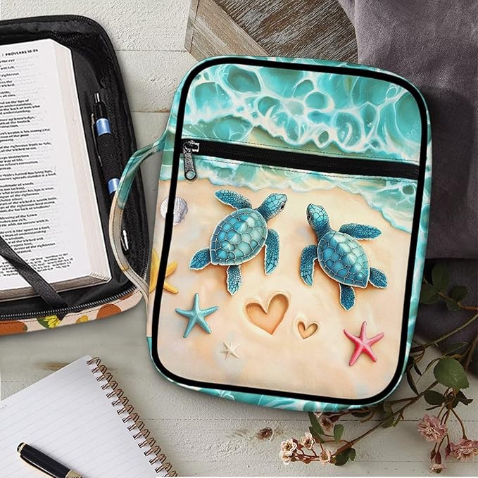 Suobstales Beach Turtle Starfish Seashell Heart Print Bible Cover Carrying Book Case for Women Men Lightweight Bible Bag Bible Protective with Handle and Zippered Pocket