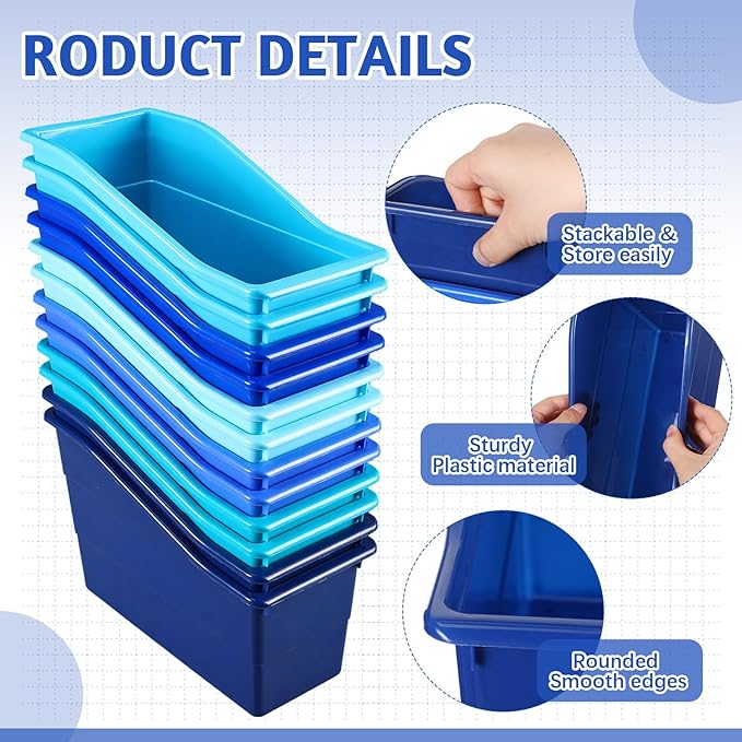 Teling 12 Pcs Book Bins Bulk - Plastic Book Storage Bin with Labels for Classroom Interlocking Magazine Holder Organizer Binder Container Box for School Office Desktop Bookshelf Home (Ocean Blue)
