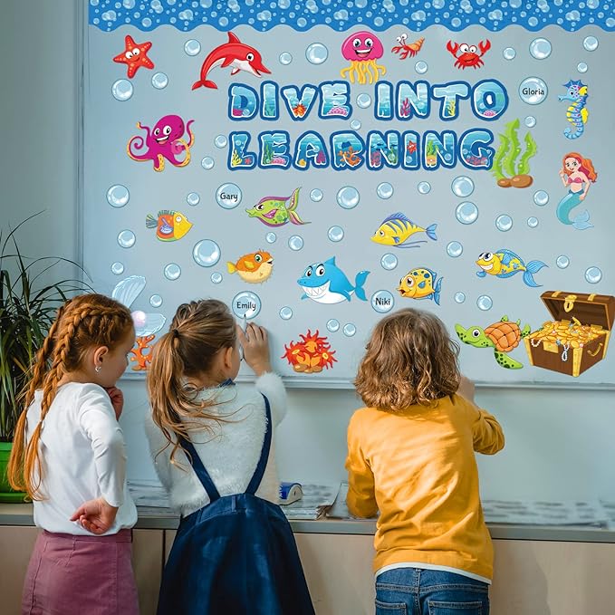 Pajean 83 Pieces Ocean Beach Theme Classroom Bulletin Board Decoration Sets Dive into Learning Sea Animal Jeweled Fish Treasure Box Cutouts for Under The Summer Classroom Wall Decor