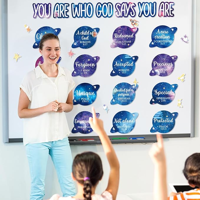 Christian Bulletin Board Decorations Inspirational Jesus Bulletin Board Sets Outer Space God Says You Are Religious Classroom Wall Decor VBS Motivational Cutouts for Sunday School Home Church Supplies