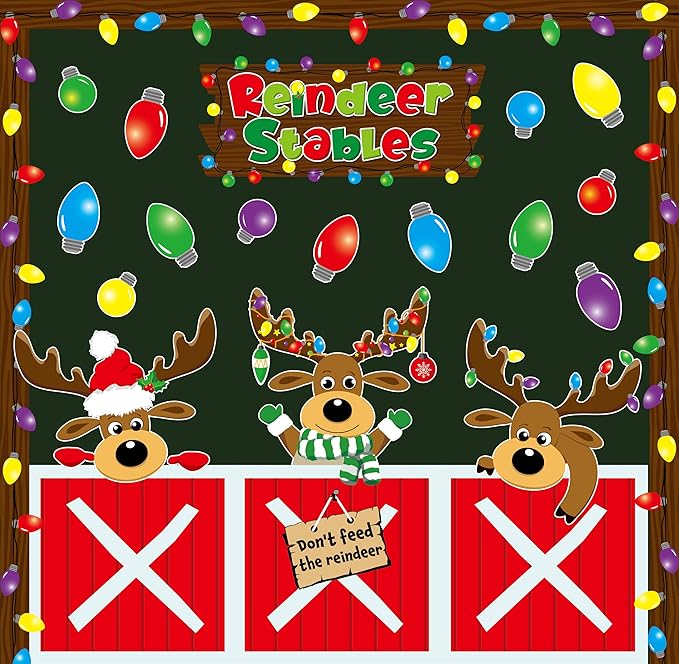 Christmas Bulletin Board Decorations Set Xmas Reindeer Stable Classroom Decor Xmas Bulb Elk Paper Cutouts with Borders for Door Wall School Classroom Winter Holiday Party Supplies