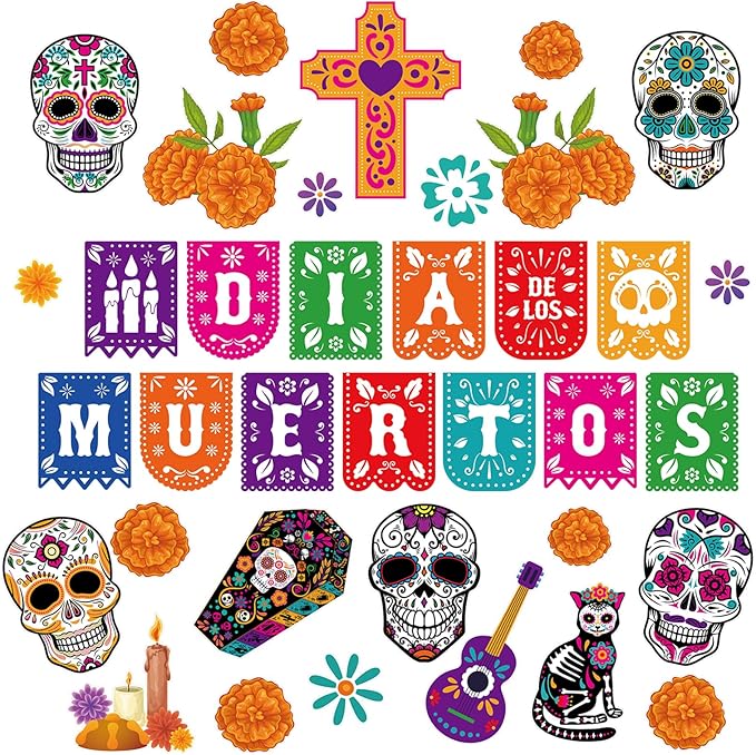 HOWAF 36 PCS Day of The Dead Bulletin Board Decorations, Dia De Los Muertos Mexican Paper Cutouts Bulletin Board Stickers with Glue for Classroom School Party Supplies Skull Cat Chrysanthemum Cutouts