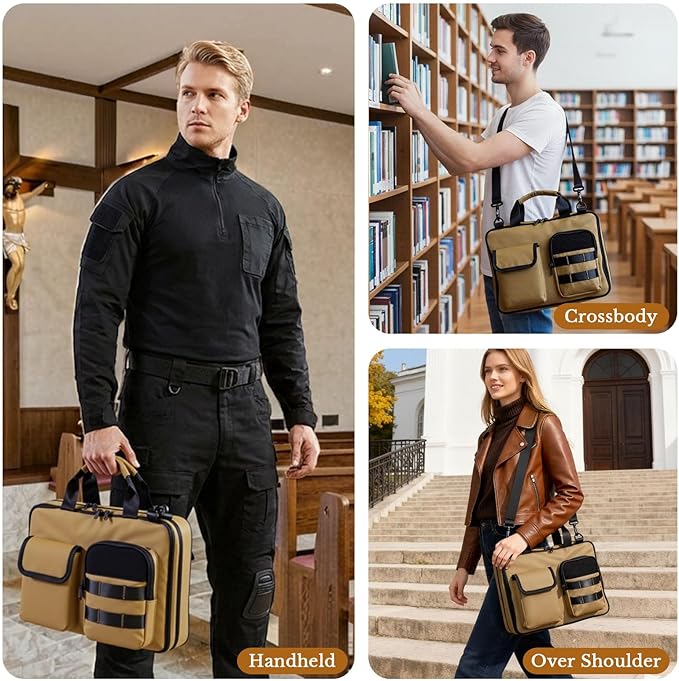 ZHIERNA Tactical Bible Cover for Men, Double Layer Large Bible Case Church Bag with Multiple Pockets, Bible Carrying Case for Women with Top Handle and Shoulder Strap