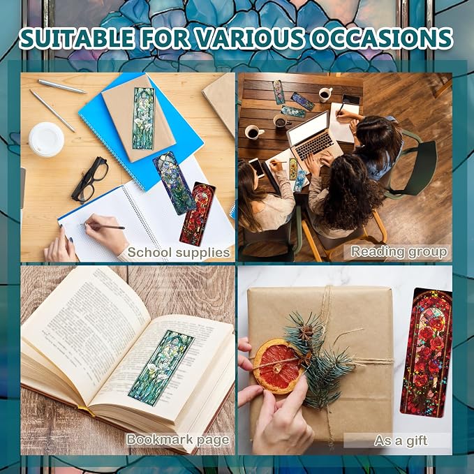 48 Pcs Stained Glass Bookmarks, Colorful Glass Flower Paper Bookmark Bulk for Women Man, Aesthetic Floral Book Mark Gift for Reading Lovers Library Accessories