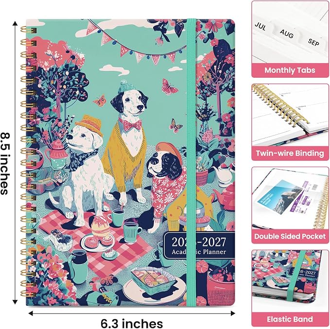Planner 2026–2027, Academic Year Monthly & Weekly Calendar Book, Jul 2026–Jun 2027, Hardcover Organizer with Tabs, Student & Teacher Planner, 6.3" x 8.5", Garden Picnic
