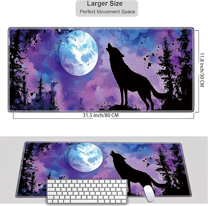 Mouse Pad Gaming Mousepad 31.5x11.8 Inch XXL Large + Coasters,Desk Mat with Stitched Edges, Non-Slip Rubber Base, Thick Mouse Pad for Computer, Laptop, Office & Home - Night Moon Wolf
