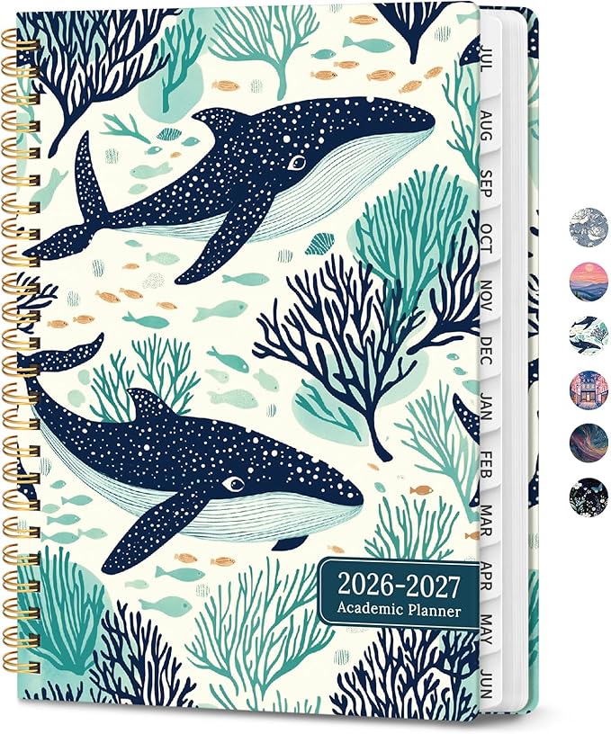 2026–2027 Academic Planner, Weekly and Monthly Planner for Women, July 2026 - June 2027, Pretty Hardcover 2026–2027 Academic Planner with Tabs, Inner Pocket, Spiral Bound, Perfect Office Home School Supplies - 6.3" x 8.5", Drifting Whales