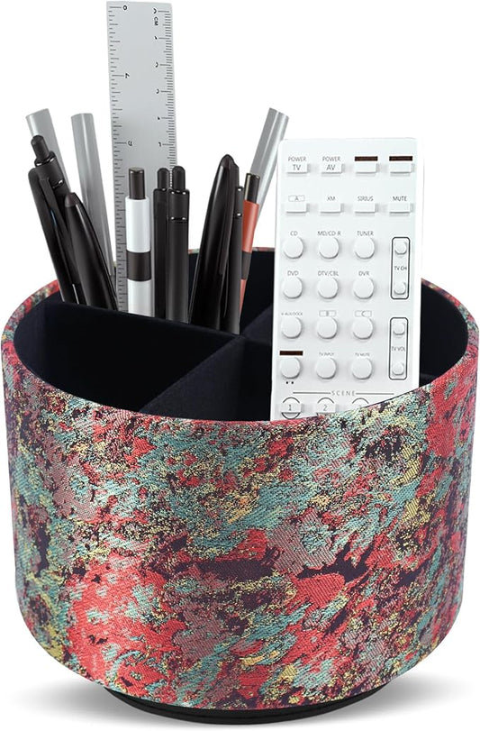 Round Leather Art Supply Organizer,Remote Control Holder,360-degree Rotating Pen Organizer with 4 Compartments(1-Painting Black)