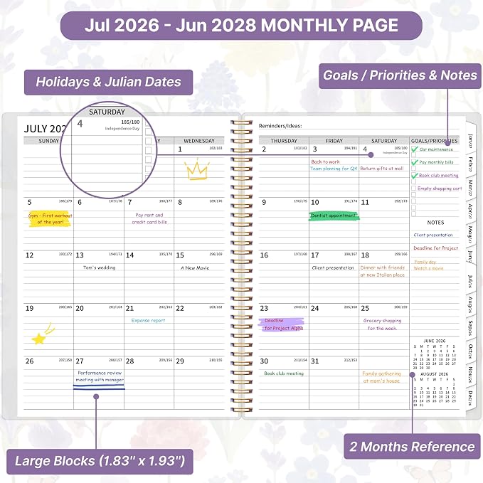 2026-2028 Monthly Planner, 2 Year Calendar Planner, Jul 2026 - Jun 2028, 8.5’’ x 11’’, Large Spiral Agenda, 24 Months, with Tabs ＆Pocket, Flexible Cover, Organizer for Office Home School, Flowers