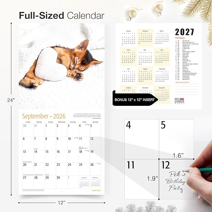 RED EMBER Cuddly Kittens 2026 Wall Calendar 12 Month | 12" x 24" Open | Thick & Sturdy Paper | Giftable | Cute Kitten Cat Calendar 2026