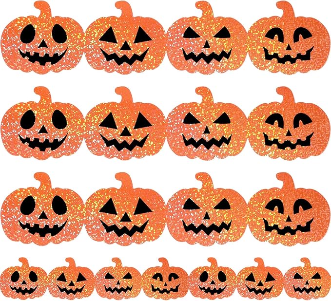 JarThenaAMCS 60 Pcs Halloween Bulletin Board Borders Orange Laser Pumpkin Face Border Trim Sparkly Self-Adhesive Sticker Decals for Holiday Party Home Classroom