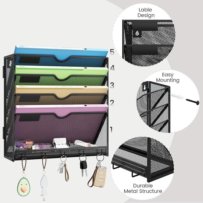 Hanging Wall File Organizer 5-Tier Wall Mount Mail Organizer & Desk Paper Organizer, Sleek Black Metal File Folder Holder for Office, Cubicle (Black-5 Tier)