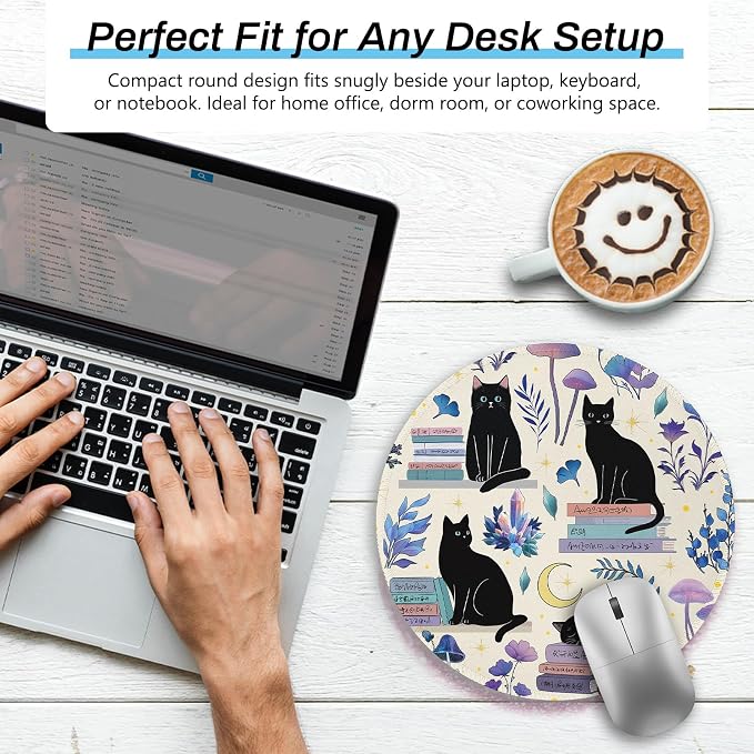Gctriki Cute Black Cat Mouse Pad, 8.6" Round Funny Mousepad with Stitched Edge & Non-Slip Base, Comfortable Mouse Pads for Computer Laptop, Unique Office Decor & Home Desk Accessories Cat Book Lovers