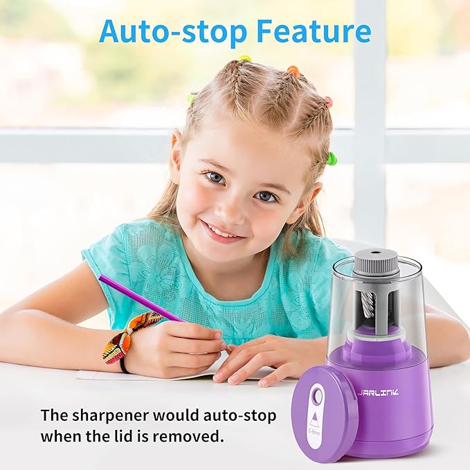 JARLINK Electric Pencil Sharpener, Heavy-Duty Helical Blade to Fast Sharpen, Auto Stop for No.2/Colored Pencils(6-8mm), AC Adapter/Battery Operated in School Classroom/Office/Home (Purple)