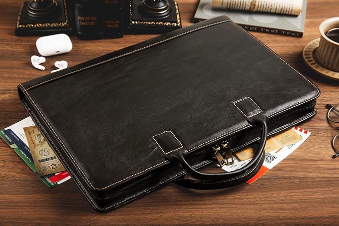 Oil Wax Leather Portfolio, Padfolio Organizer with Handle, Personalized Padfolio，Padfolio With Zipper for Men Women，Suitable for 15-inch Laptop Legal Pad Padfolio, Black
