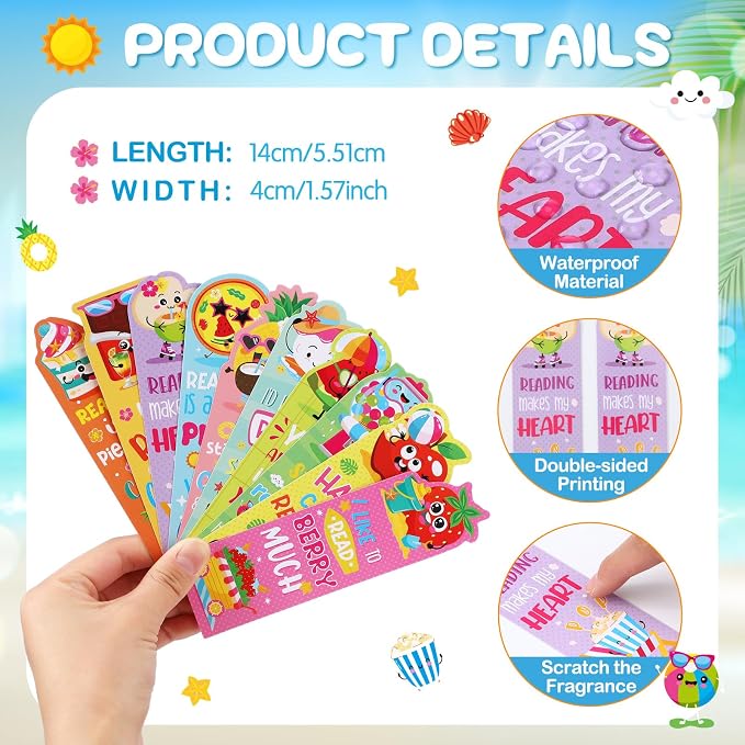 Eersida 90 Pieces Summer Scented Bookmarks Fruit Food Theme Sayings Bookmarks Sayings Assorted Cute Scented Gifts for Learning Reading Rewards Food Lovers, 10 Styles