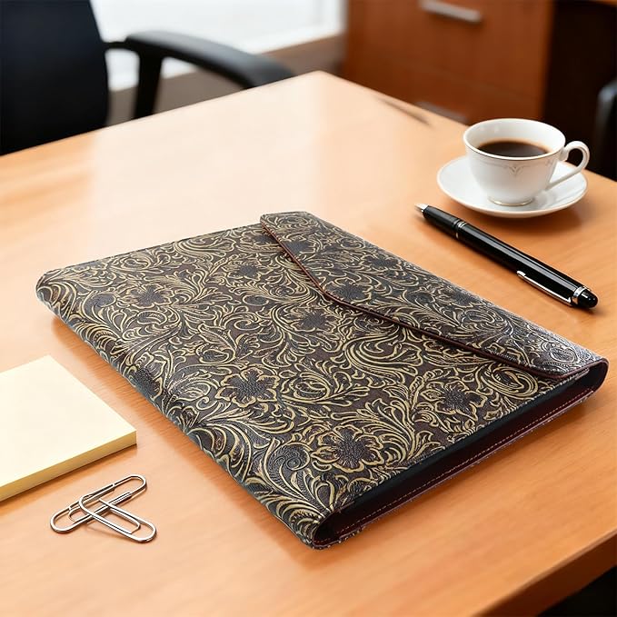 Padfolio Portfolio Organizer Binder, Professional Embossed Faux Leather Interview Resume Folder with Magnetic Closure, Trifold A4 Letter Writing Pad Holder