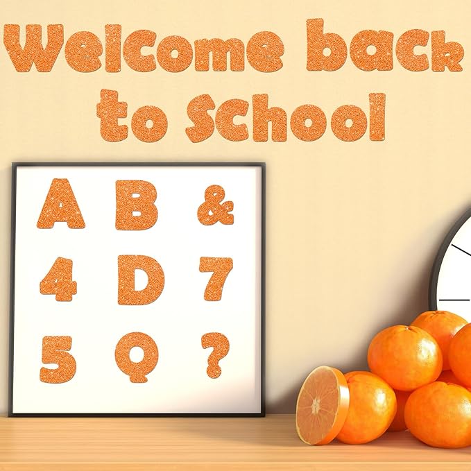 Qyeahkj 260Pcs Glitter Orange Bulletin Board Letters for Classroom 4” Letter Combo Pack Set Numbers Alphabet Poster Board Punctuation Symbol Cutout with Adhesive Dots for School Classroom Wall Decor