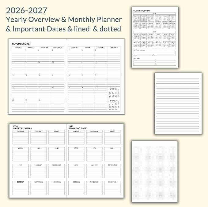 Monthly Planner 2026-2027, Large Kraft Paper Calendar for 24 Months, Jan 2026 – Dec 2027, Yearly Overview & Monthly & Important Dates & Line & Dotted, 100gsm Paper, Letter Size 8.5 x 11 in