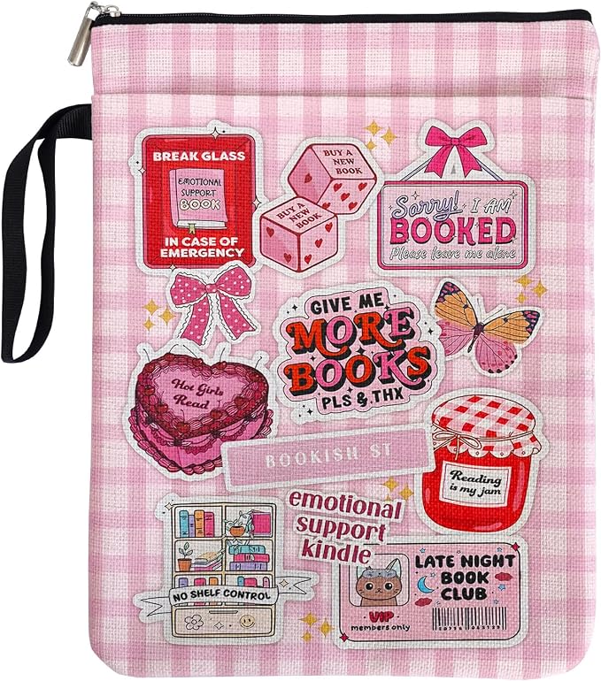 Pink Checkered Collage Style Book Covers for Book Lovers with Handle Pocket, Book Club Gifts for Chritsmas, Reading Accessories for Women Friends Reader Bookish