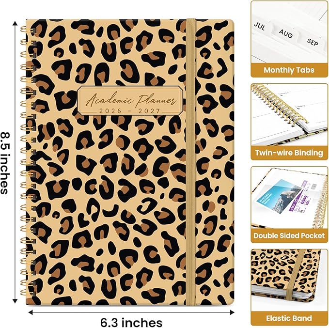 2026–2027 School Year Planner, Weekly and Monthly Academic Agenda, Jul 2026–Jun 2027, Hard Cover Planner with Tabs, 6.3 x 8.5 Inches, Back to School Office Essential - Leopard
