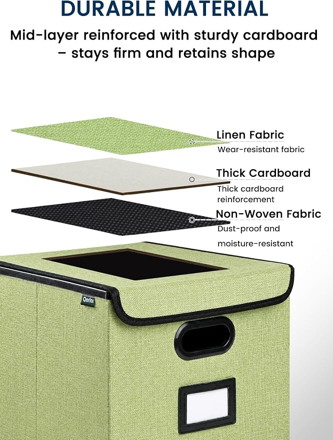 Qerlei File Organizer Boxes with Lids,Collapsible File Folder Organizer with Plastic Slide,Collapsible Filing & Storage Boxes for Office/Decor/Home (Green, 1 Pack)