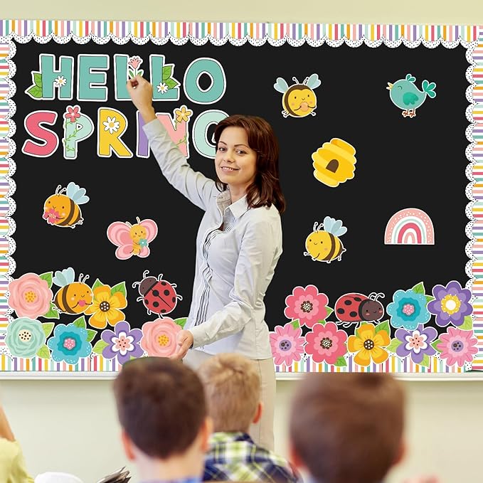 Pasimy Hello Spring Bulletin Board Decorations Spring Classroom Decoration Springtime Flower Bulletin Boards Floral Butterfly Bee Paper Cutouts for School Home Office Door Wall Window Easter Party