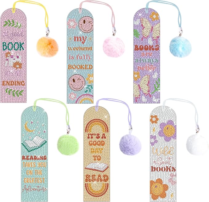 6PCS Kids Diamond Art Bookmarks Kit– DIY Reading Gifts for Classroom, Inspirational Quote Designs – Fun Art & Craft Activity for Boy and Girls