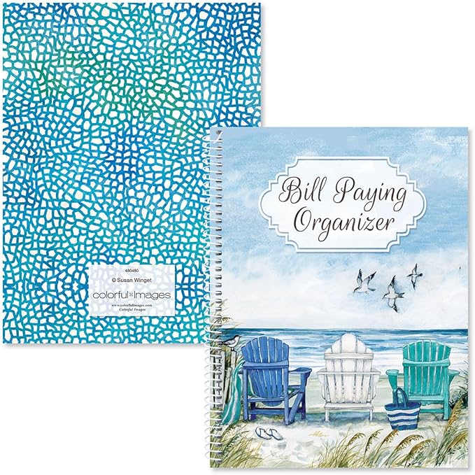 Current By The Sea Bill Paying Organizer Book - 9" x 12” Personal Account Book, Spiral Bound, 14 Storage Pockets, 32 Label Stickers, Monthly Finance & Payment Management Tracker for Home & Office