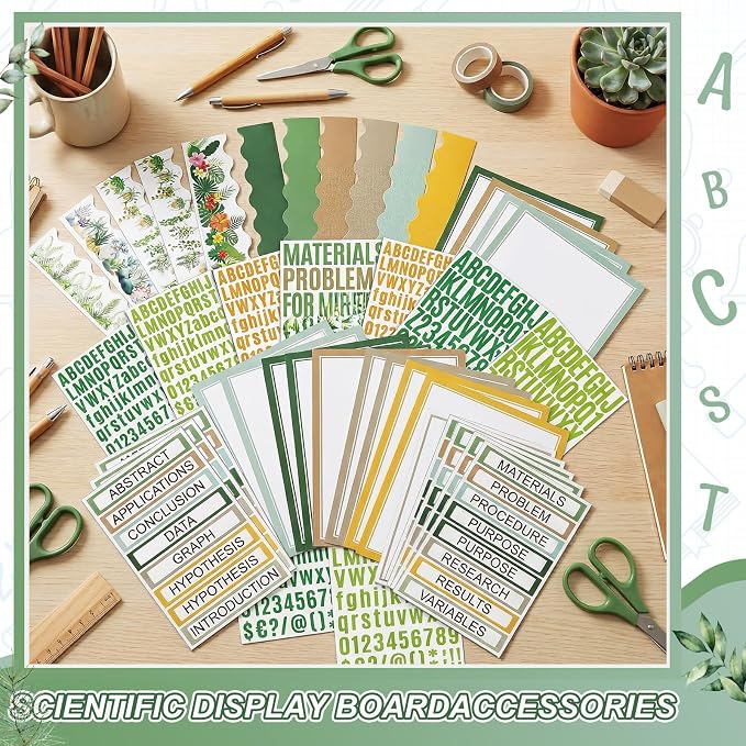 Sinload 92 Pcs Science Fair Board Supplies 60 Trim Scalloped Poster Boards 18 Presentation Subtitles 6 Project Titles 8 Letter Sticker for Classroom Display Boards (Green,Plant)