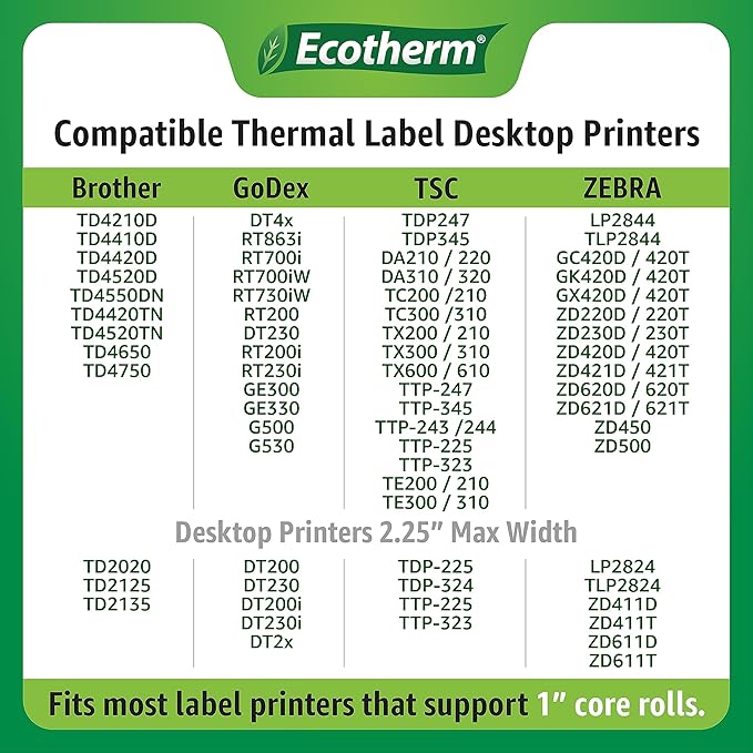 2.25" x 1.25" Thermal Labels | 4 Rolls | 4540 Labels | fits Zebra, Munbyn, Rollo, Godex, Arkscan, iDPRT, Offnova Thermal Label Printers and More | Blank White Adhesive Stickers by Ecotherm