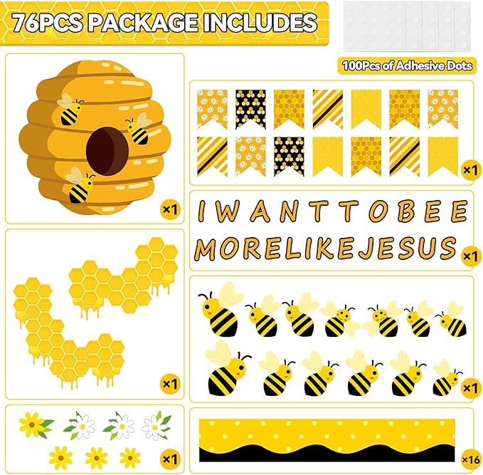76 PCS Bee Bulletin Board Classroom Set I Want to Bee More Like Jesus Bulletin Board Spring Religious Christian Theme Birthday Decor for Back to School Home Preschool Office Door Wall Supplies