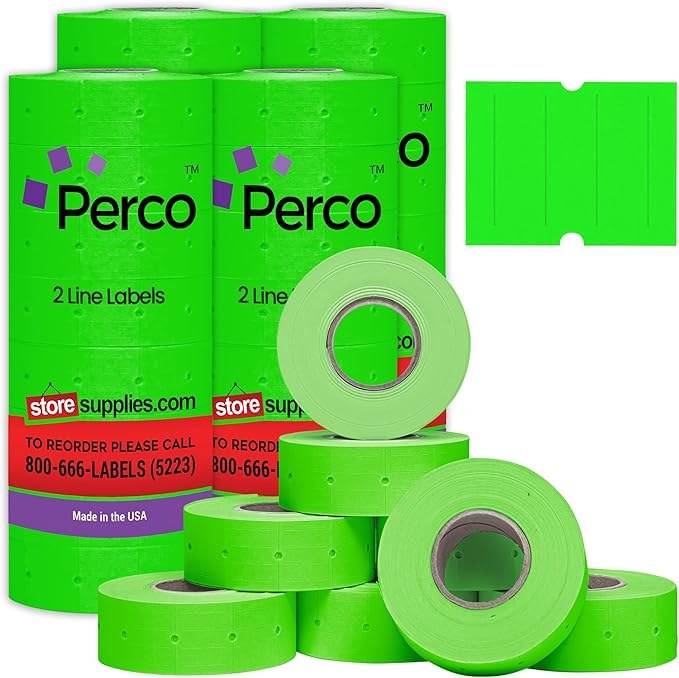 Perco 2 Line Fluorescent Green Labels - 32 Rolls, 4 Sleeves, 24,000 Blank Price and Date Gun Labels for Perco 2 Line Price and Date Guns - Made in USA