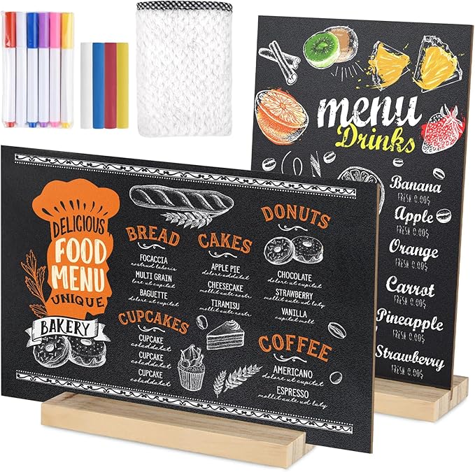 2 Packs Chalkboard 8 x 12 Inch Tabletop Double-Sided Message Board With Wood Base for Kitchen, Wedding, Bar and Restaurant, Black