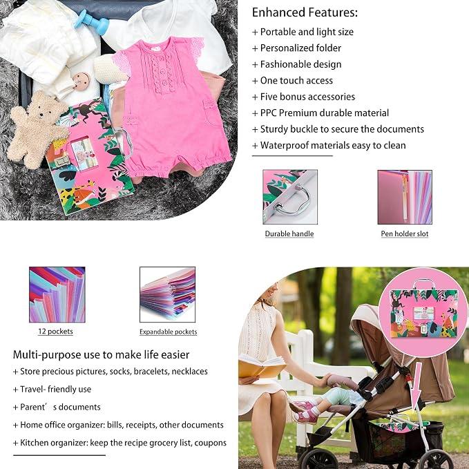 12 Pockets Baby File Organizer for Boy or Girl, Our Baby Paperwork Organizer with Silver Metal Handle, Lock, Pregnancy Documents, Baby Record Folder (Pink)