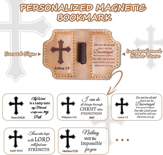 Bygone Mark Personalized Magnetic Leather Bookmark with Pen Holder,Inspirational Bible Verse Religious Bookmarks,Christian Book Lovers Reading Accessory for Men Women (Brown, Joshua 1:9)