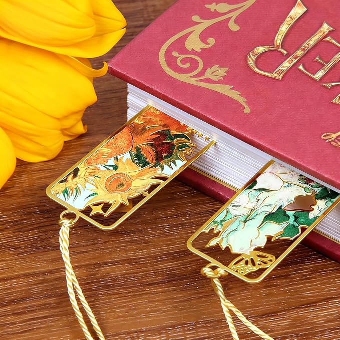 Kinsound Metal Bookmarks with Tassel, Golden Van Gogh Monet Oil Painting Theme Cute Hollow Book Markers for Reading Women, Teachers, Students, Reading Accessories Gifts for Book Lovers (Style A(4PCS))