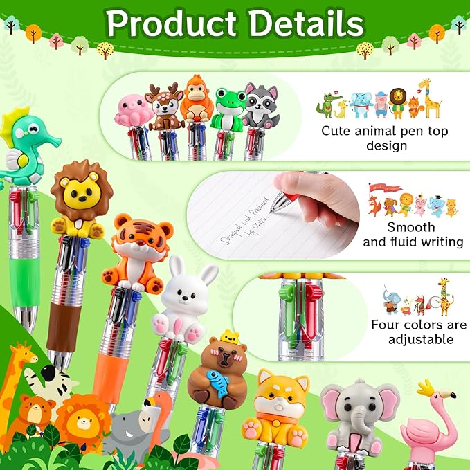 30Pcs Animals Mini Multicolor Pen in One 4-in-1 Cute Pens Bulk, Ballpoint Pens for Birthdays Parties, Fun Pens Gifts Assorted Ink Kawaii Pen