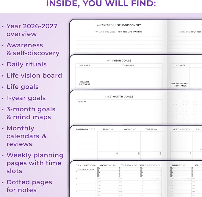 Clever Fox Dated Hourly Weekly Planner 2026 – Daily, Monthly & Yearly Agenda Organizer with Time Slots – Hardcover Journal, A5 Size (Purple)