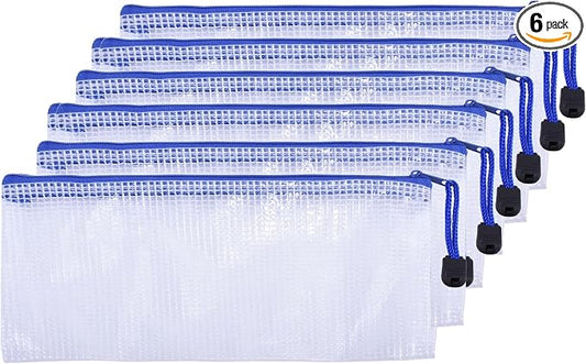 6 Pcs 4.13" x 9.25" Bills Sizes Mesh Zipper Pouch Bags, Mesh Bags with Zipper，Waterproof Clear document pouch for Organization Puzzles Travel, Office, Classroom Organization, Bills White
