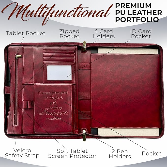 DEHITE Leather Portfolio for Men – Padfolio Case for Men and Women – Cherry Bible Notebook Organizer – Pen Slots – Zipper Binder – Premium PU Leather – Feels Like Full-Grain – Office Gift Accessories