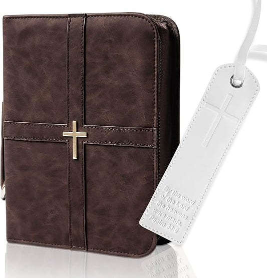 Bible Cover (U.S. Patent Pending), Discreet & Elegant Bible Case, Brown PU Leather Bible Cover, Cross Design Bible Bags, Strong and Sturdy Book Case, Includes Premium Bookmark